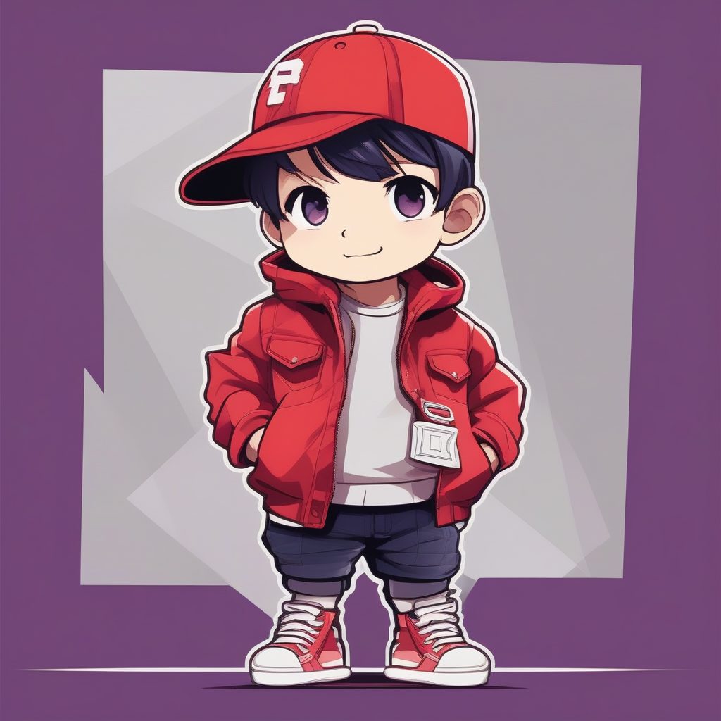 极简卡哇伊Q版：深紫色背景上手插口袋的休闲帽男孩