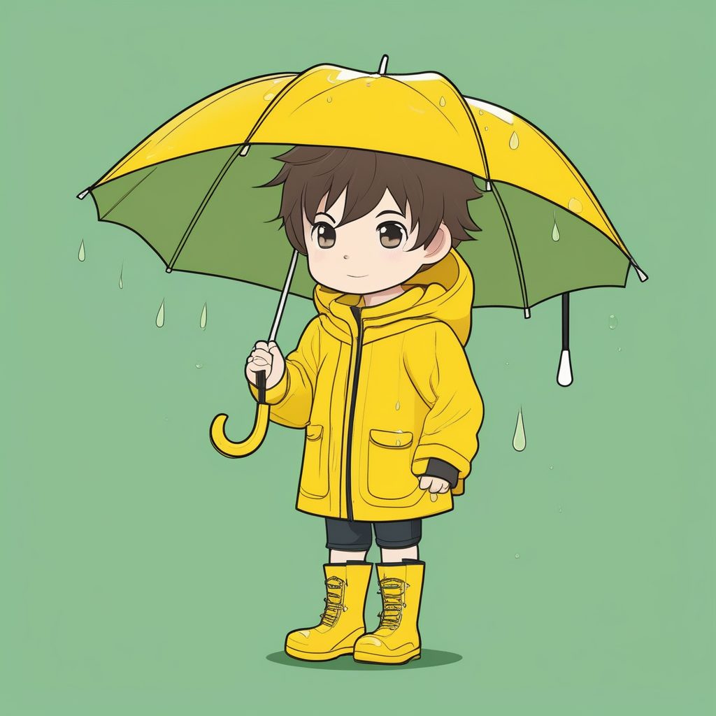 极简卡哇伊Q版雨天男孩，手持黄色雨伞