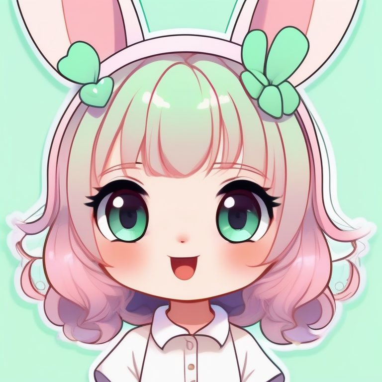 极简可爱风：绿发Q版萌妹与兔耳发饰