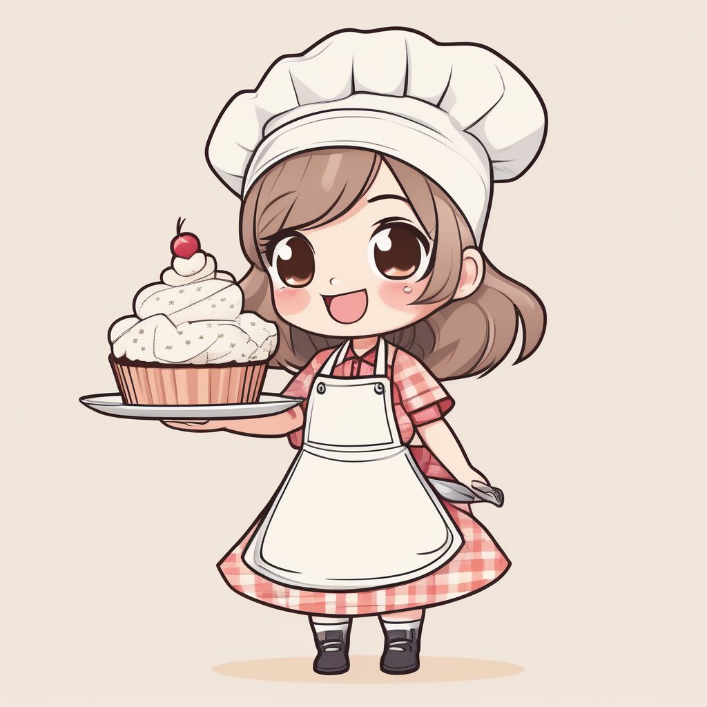 极简可爱风Q版厨师女孩2D插画提示词：高帽与美食主题
