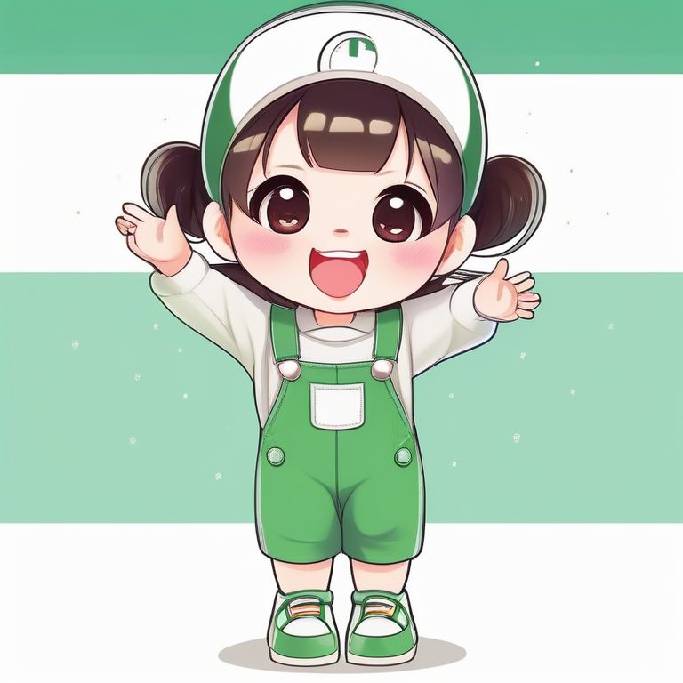 极简可爱Q版女孩-绿色背带裤-俏皮姿势