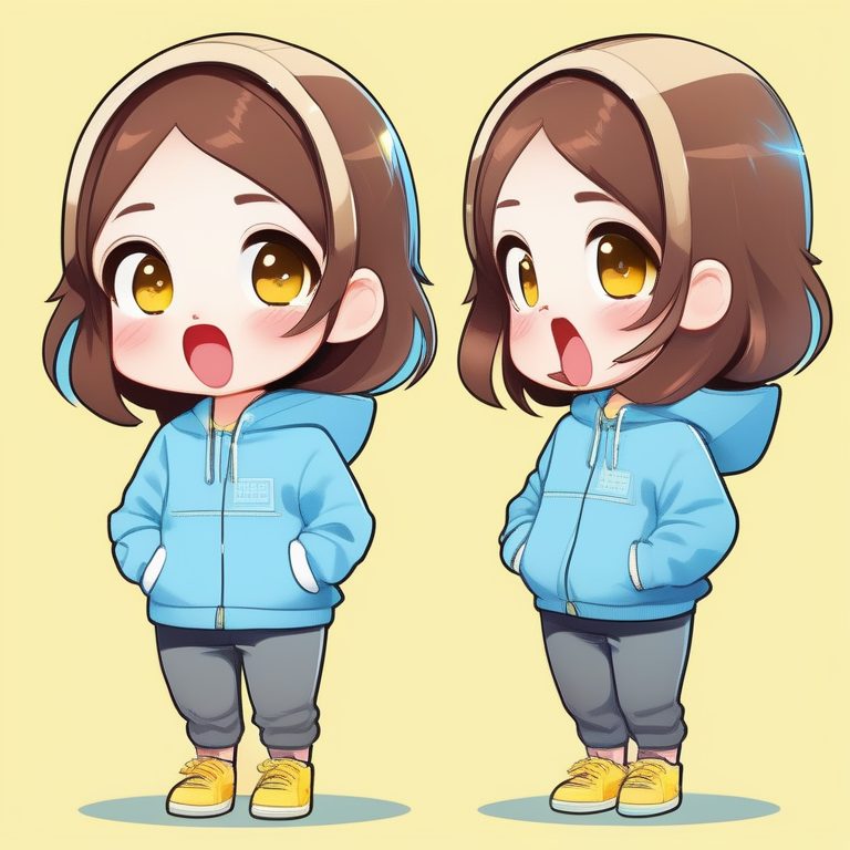 极简可爱Q版女孩在柠檬黄背景上做鬼脸