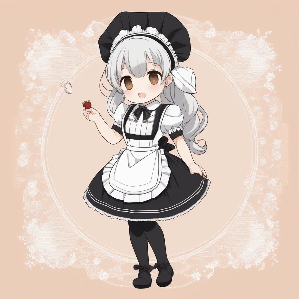 极简可爱Q版女仆女孩AI提示词：经典制服萌系全身站立插画