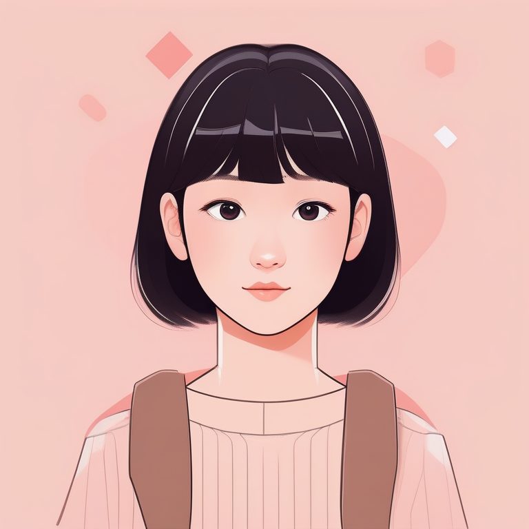 极简可爱少女肖像,粉色纯色背景,日漫风格