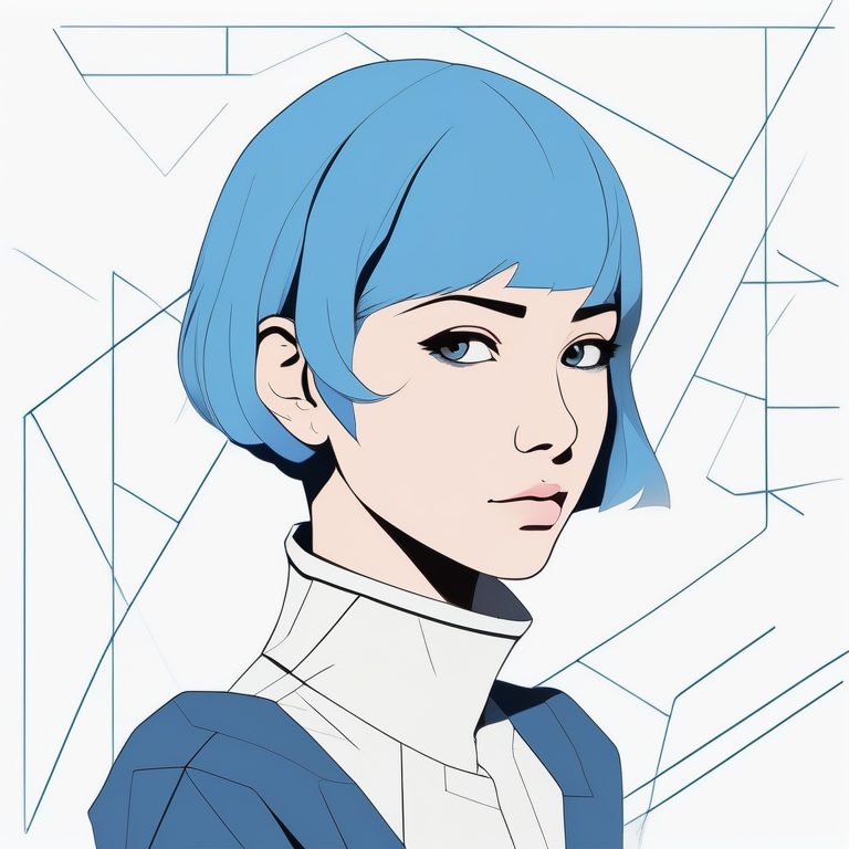 极简蓝发女孩肖像配纯白背景