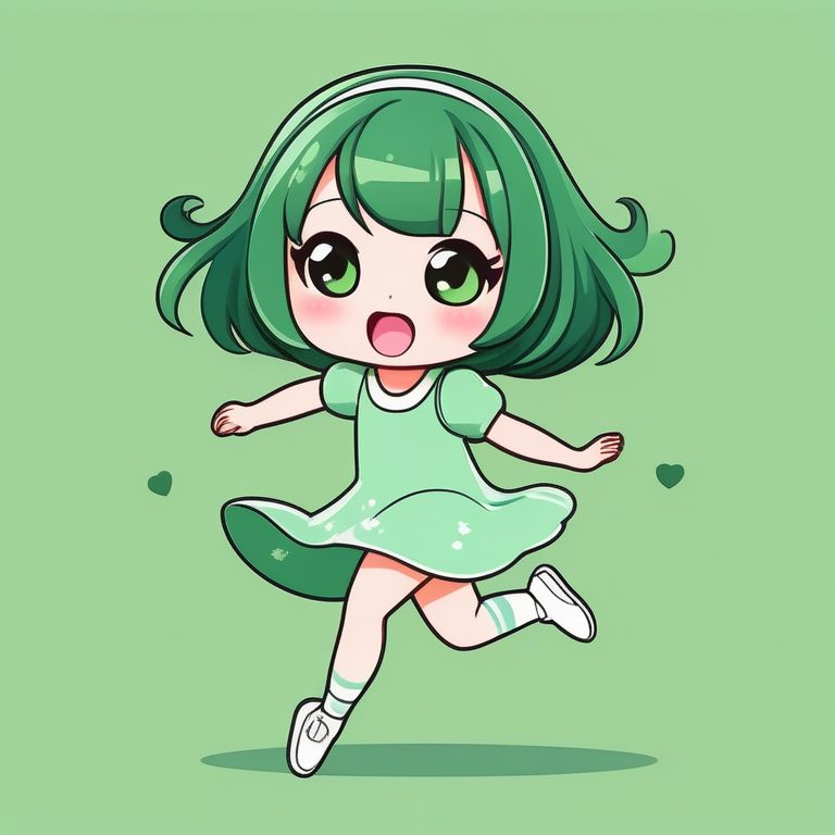 极简绿色背景下跳舞的Q萌女孩