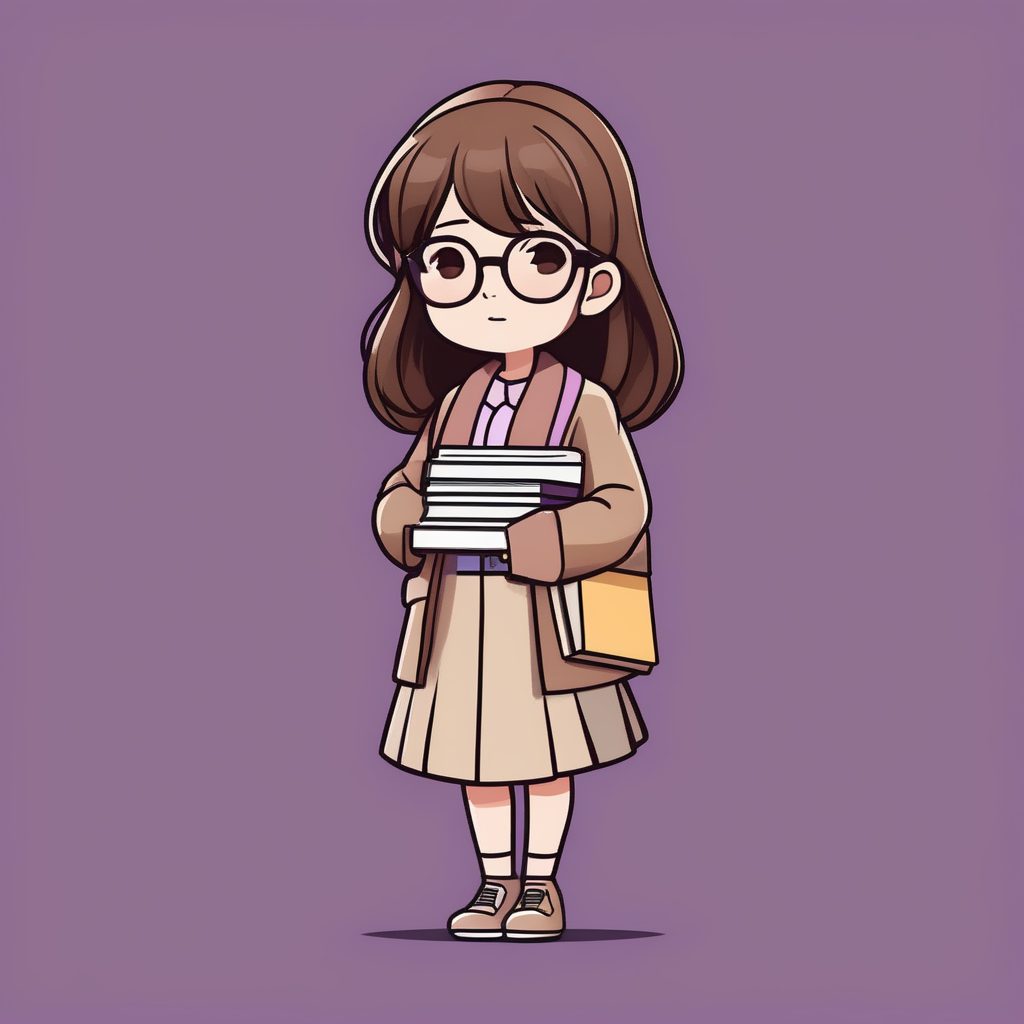 极简漫画风Q版女孩AI提示词：沉思的图书管理员全身像