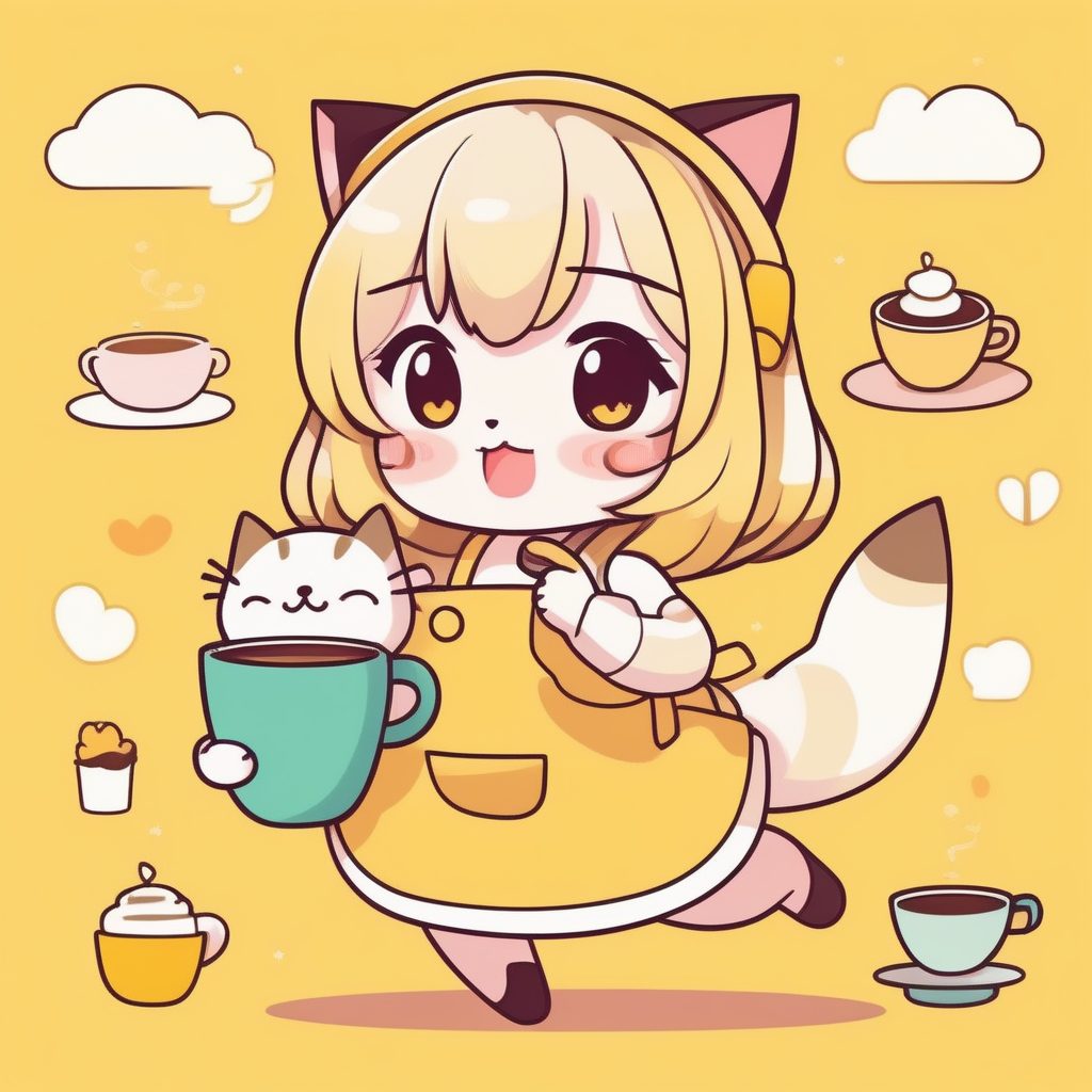 极简猫咪咖啡师Q版女孩AI绘画提示词：围裙与咖啡杯