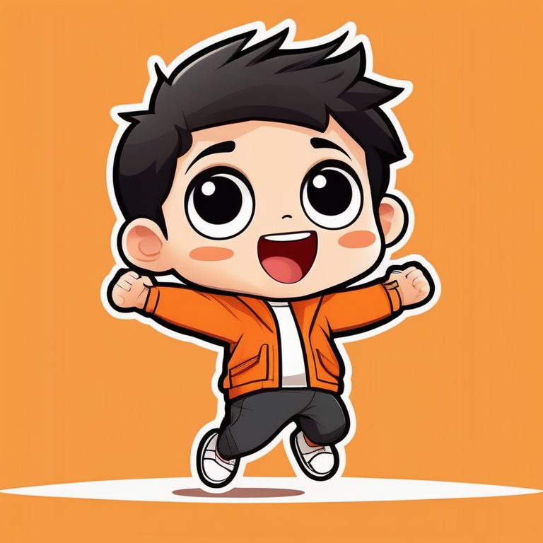 极简萌系卡哇伊Q版男孩全身—橙色背景,蹦跳动态