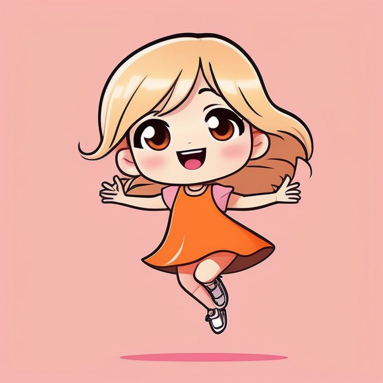 极简萌系Q版女孩跳跃姿态在粉红背景