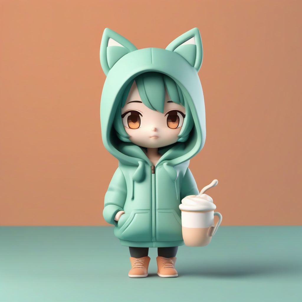 极简粘土风：软萌猫耳卫衣Q版女孩全身像，温暖橙色纯色背景