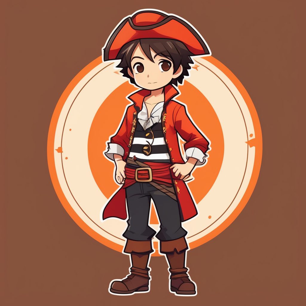极简平面风Q版海盗男孩AI绘画关键词：调皮的微笑与橘色背景