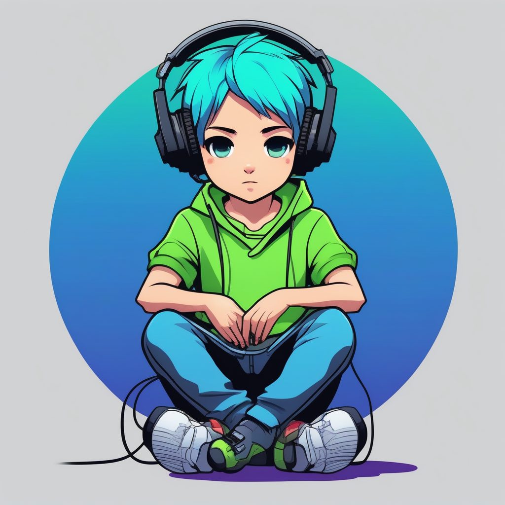极简平面Q版电竞玩家男孩AI咒语：霓虹绿短发与蓝色背景
