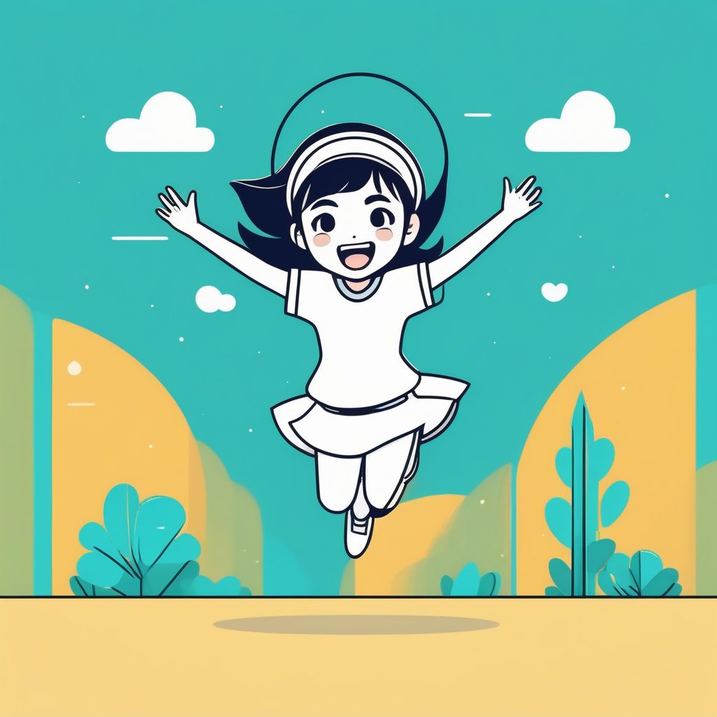 极简平面设计：快乐跳跃的Q版女孩插画，高对比度线条艺术