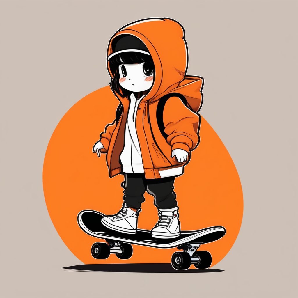 极简平面设计Q版滑板女孩2D插画AI提示词