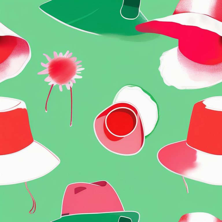 极简泼溅色彩风格,一顶红色遮阳帽,绿色纯色背景,清新夏日