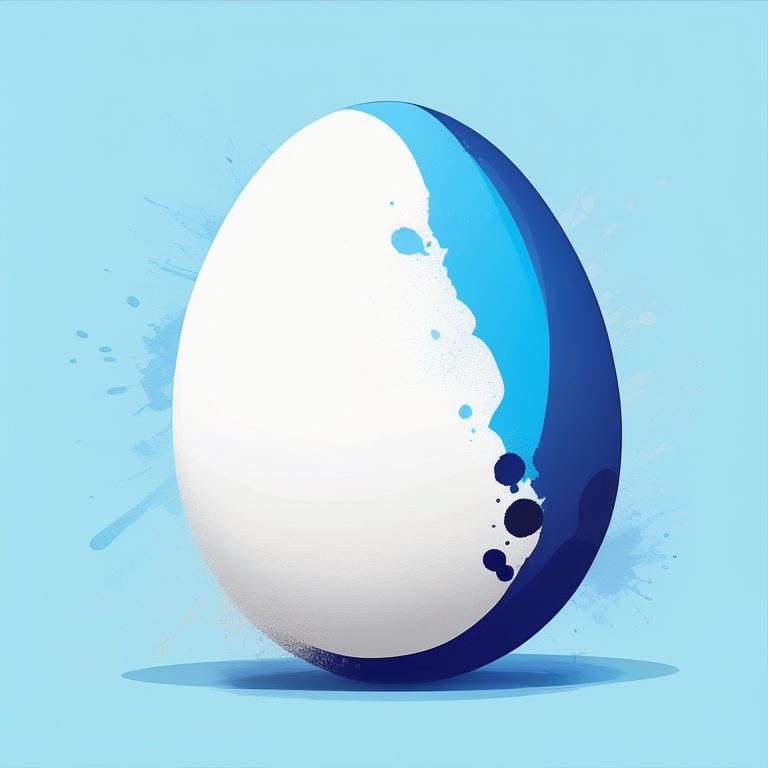 极简泼溅色彩风格,一枚蓝色鸡蛋,简洁纯蓝背景,安静侘寂