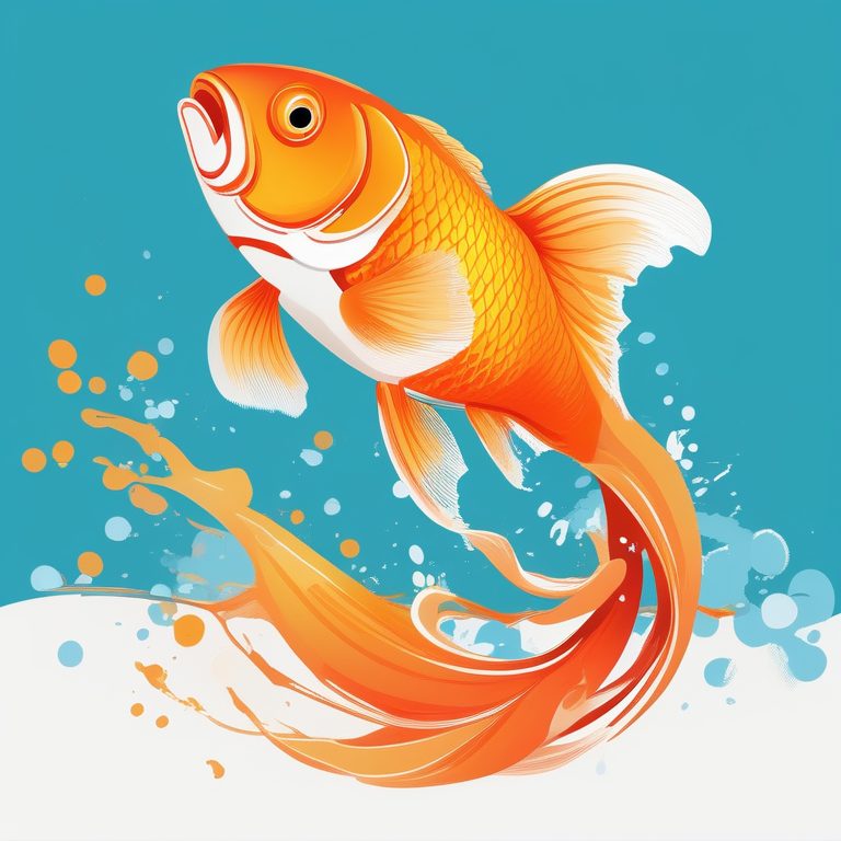极简泼溅色彩风格,一只橙色金鱼,纯白背景,生动跳跃