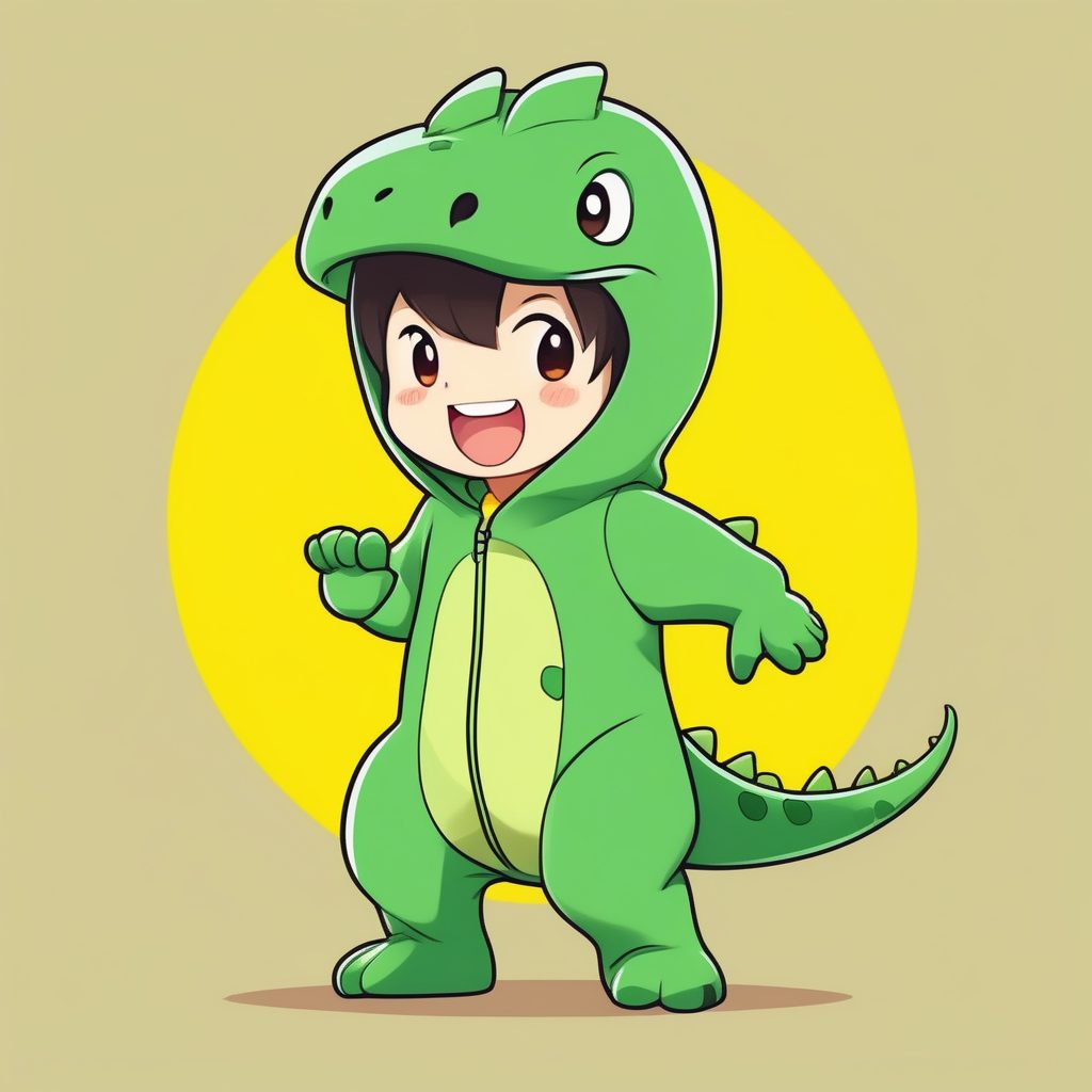 极简Q版：2D恐龙装扮男孩全身立绘（鲜黄色背景）