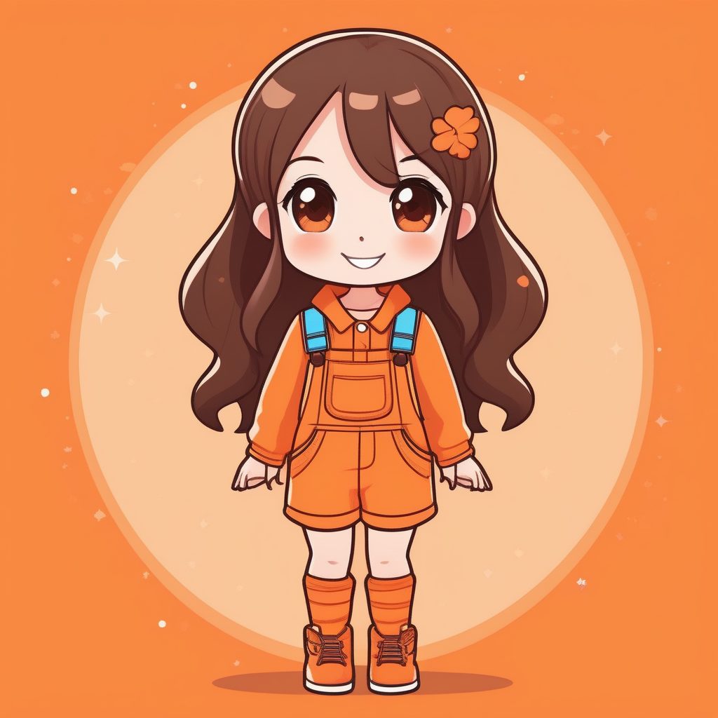 极简Q版橙色背带裤长发少女