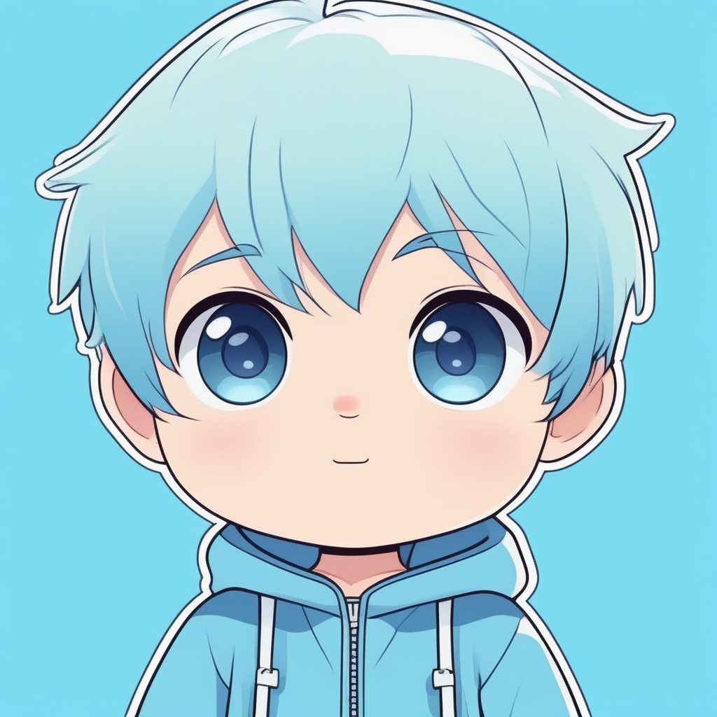 极简Q版动漫蓝衣小男孩纯色背景全身像