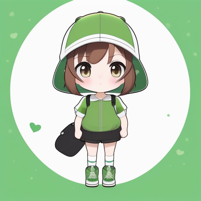 极简Q版动漫绿色帽子少女全身简笔