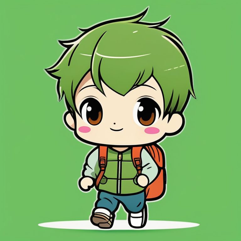 极简Q版动漫男孩背包造型-绿色纯色背景