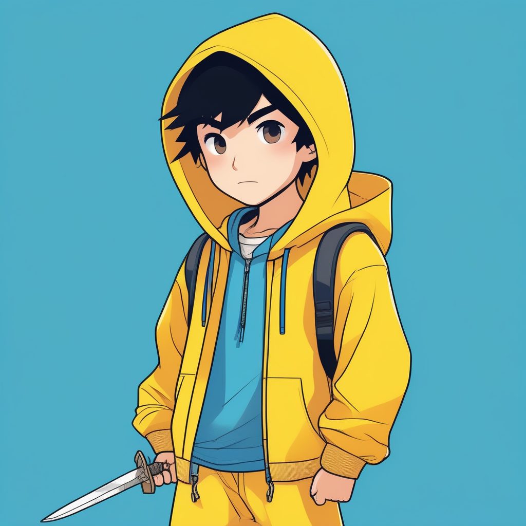 极简Q版动漫男孩：持像素剑的黄色卫衣角色，纯色背景