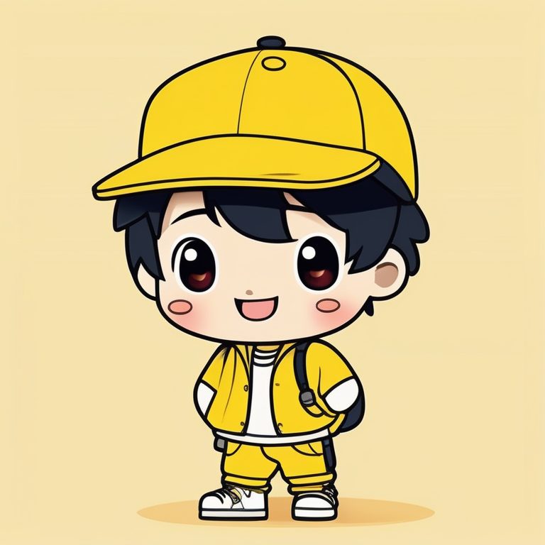 极简Q版动漫男孩戴棒球帽-黄色纯净背景