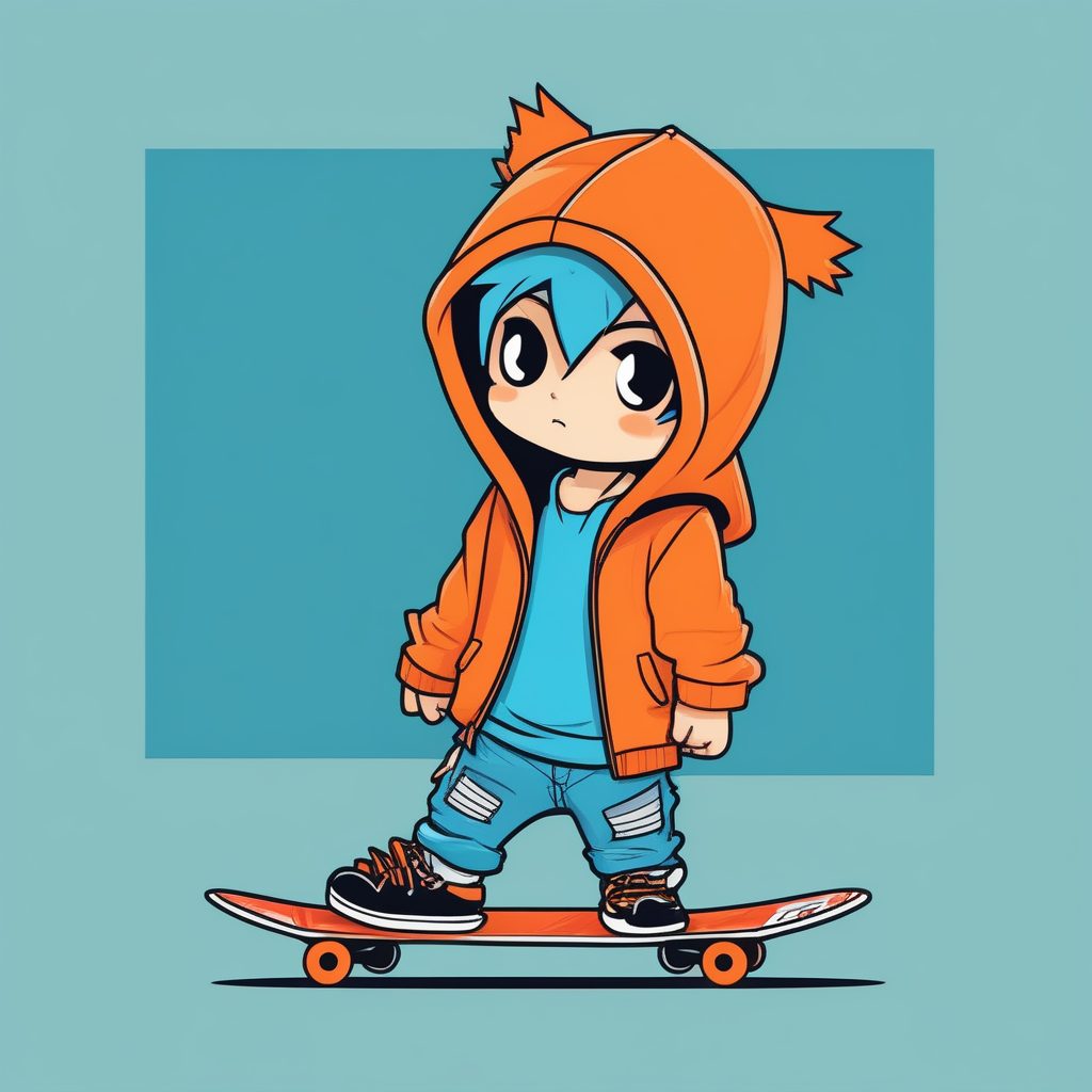 极简Q版动漫男孩：街头滑板手角色插画与提示词