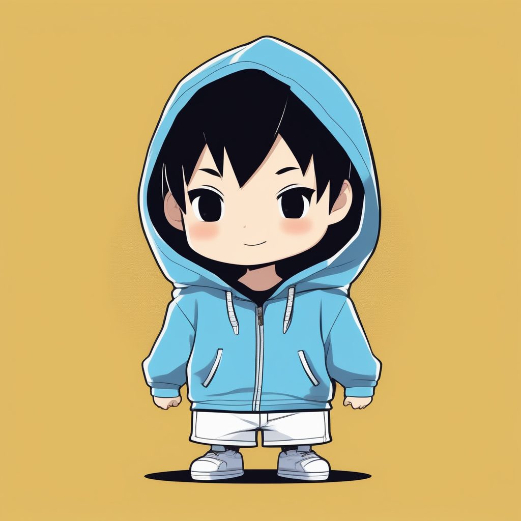 极简Q版动漫男孩：蓝帽衫与纯色背景全身照