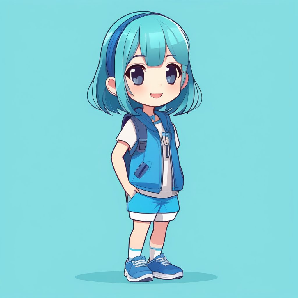 极简Q版动漫女孩蓝色背心夏日感