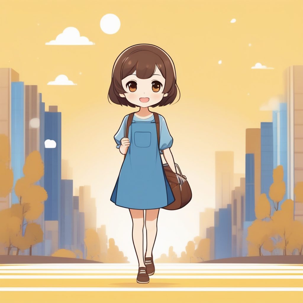 极简Q版动漫 巧克力短发少女 蓝色连衣裙