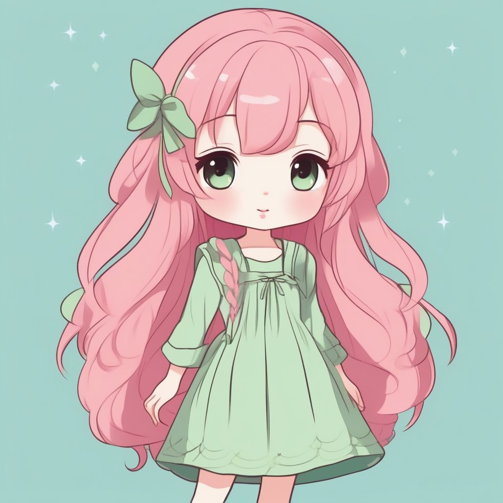 极简Q版粉色长发少女绿色萝莉风