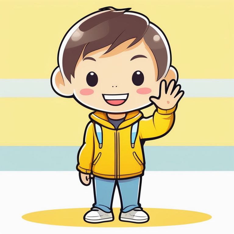 极简Q版卡哇伊萌男孩全身—黄色背景,挥手打招呼