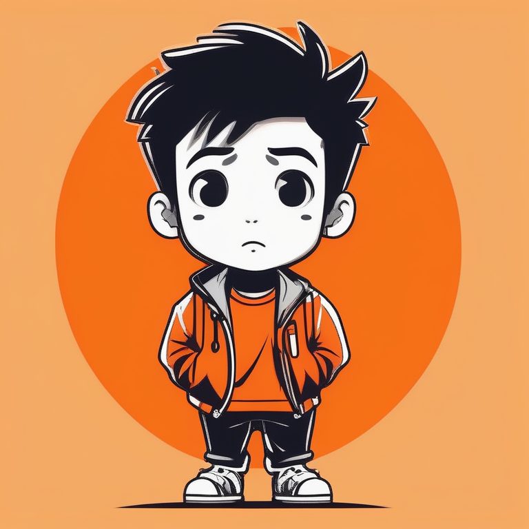 极简Q版卡哇伊男孩全身照,橙色纯色背景呆萌表情