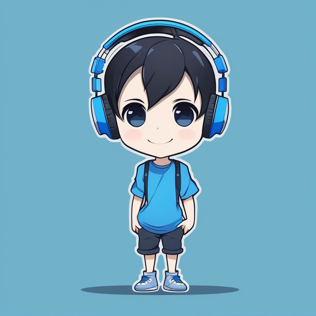 极简Q版蓝色耳机动漫男孩卡哇伊风