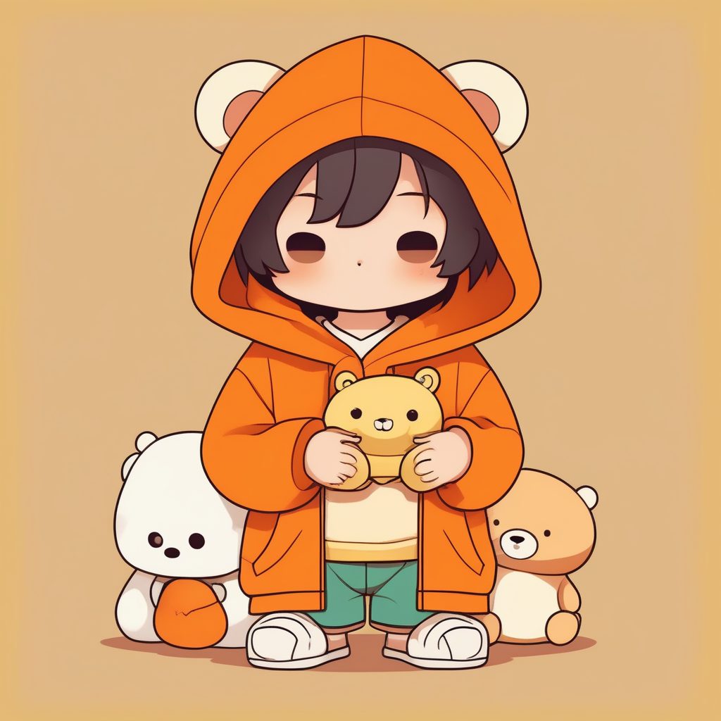 极简Q版连帽衫男孩与泰迪熊