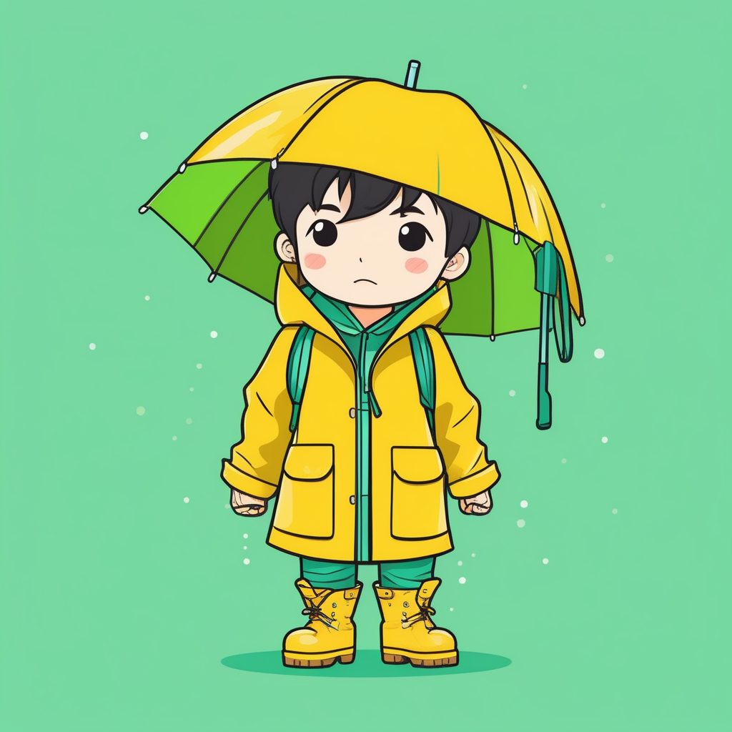 极简Q版亮黄色雨衣男孩与雨伞