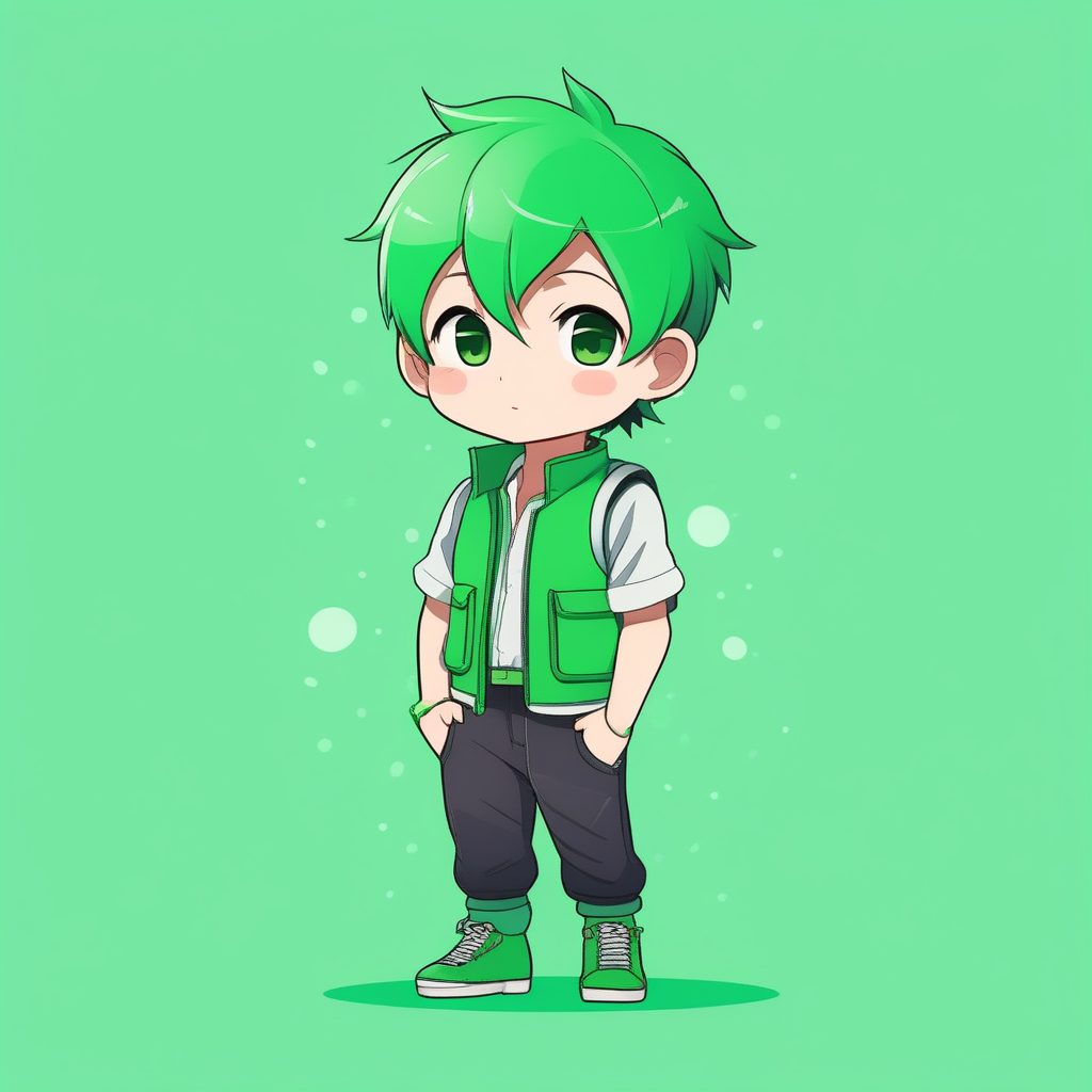 极简Q版绿色背心男孩动漫全身素描