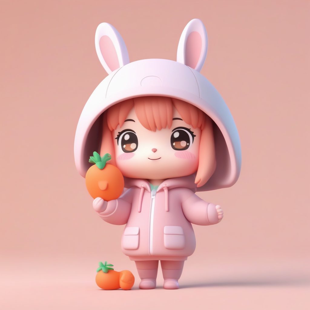 极简Q版盲盒：粉色兔耳女孩与胡萝卜 3D黏土渲染