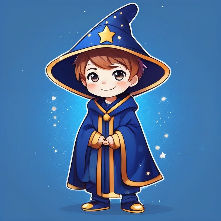 极简Q版萌男孩,星星魔法师造型,纯色干净背景