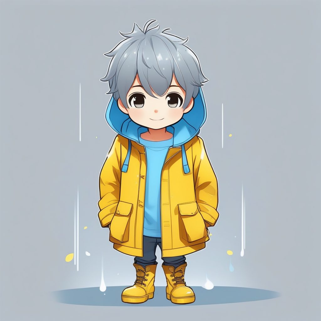 极简Q版男孩:天蓝色雨衣雨天风格