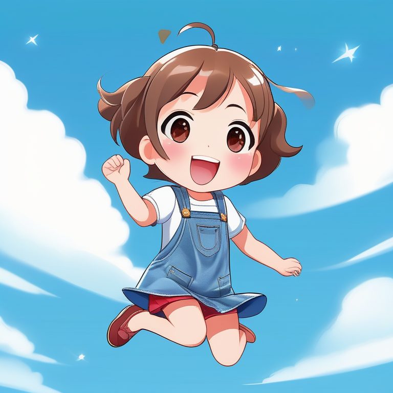 极简Q版女孩-短发红眼牛仔裙跳跃