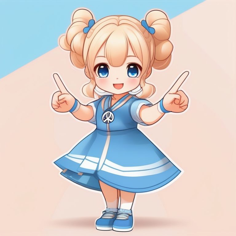 极简Q版女孩-金色双丸子头蓝色裙比耶