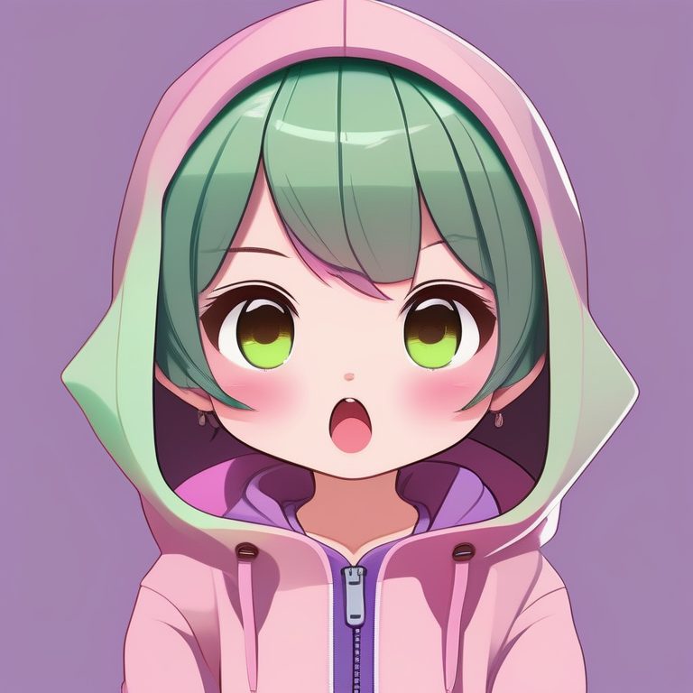 极简Q版女孩-绿色短发紫色卫衣做鬼脸