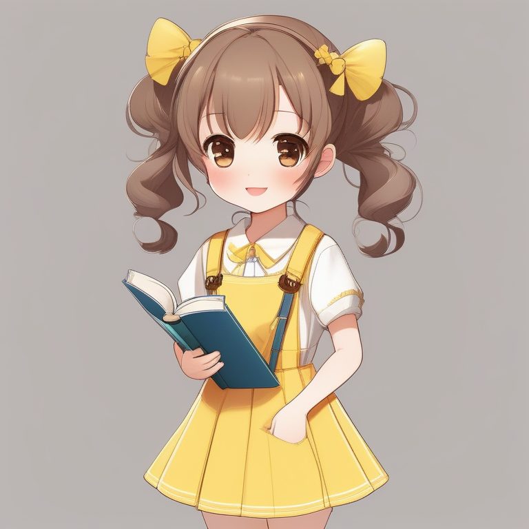 极简Q版女孩-双马尾棕发黄色背带裙捧书微笑
