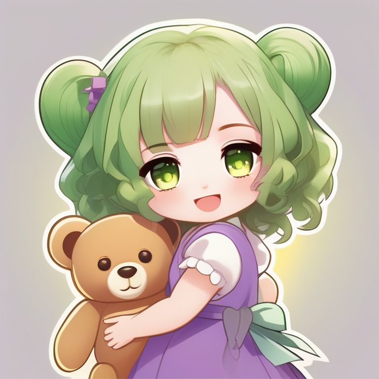 极简Q版女孩-紫色卷发绿裙抱毛绒熊