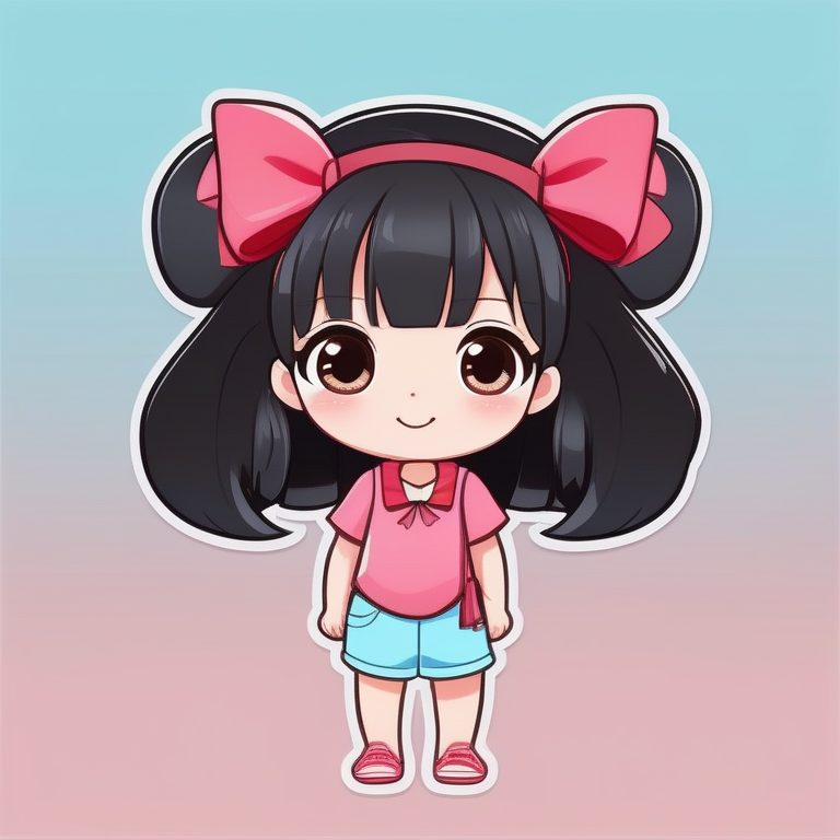 极简Q版少女扎蝴蝶结发带在浅蓝背景