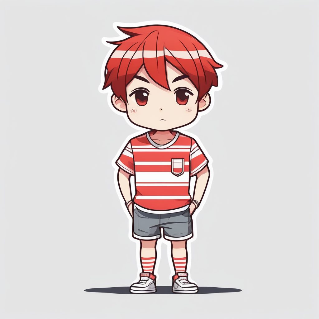 极简Q版运动男孩：纯白背景上的条纹T恤活力少年